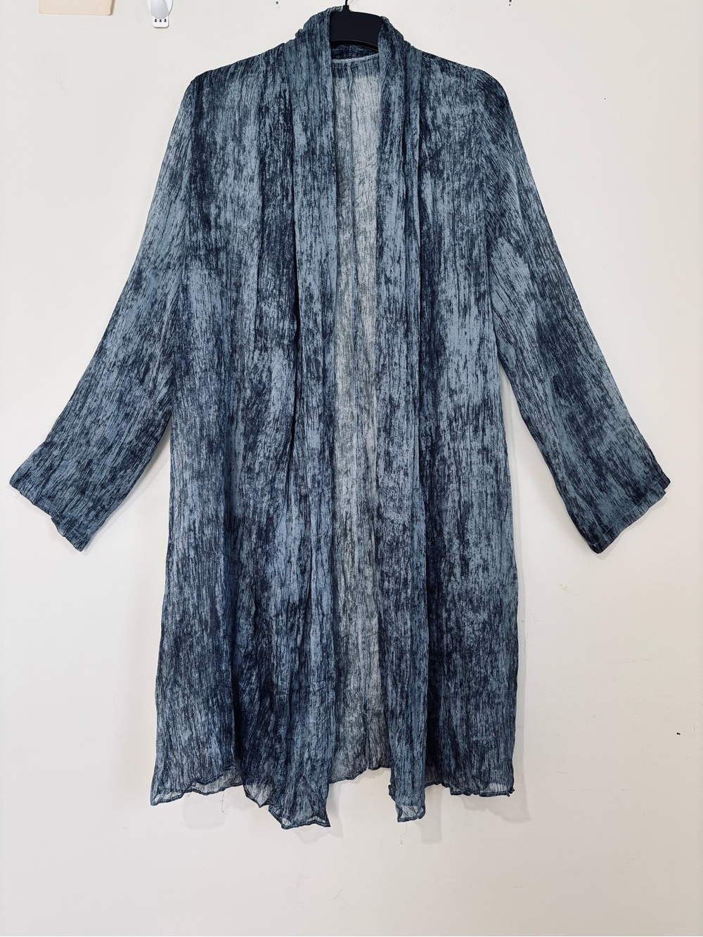 Open Front Crinkle gray blue long sleeve sheer slouchy longline duster cardigan